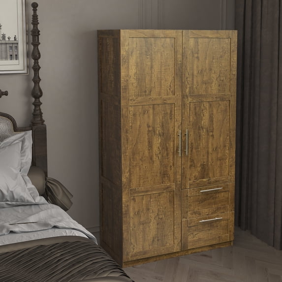 Pouseayar Tall Wardrobe Closet with 2 Doors,2 Drawers,5 Storage Space for Hanging Clothes, Wardrobe Storage Cabinet Bedrooms, Walnut