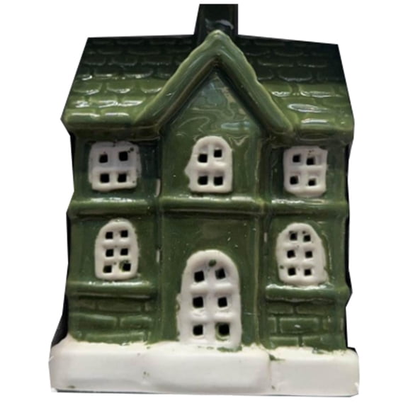 Ceramic Christmas Village House, Green Miniature House Tabletop Night Light for Indoor Christmas Decor, Holiday Season Desktop Ornament 4 Inch Tall