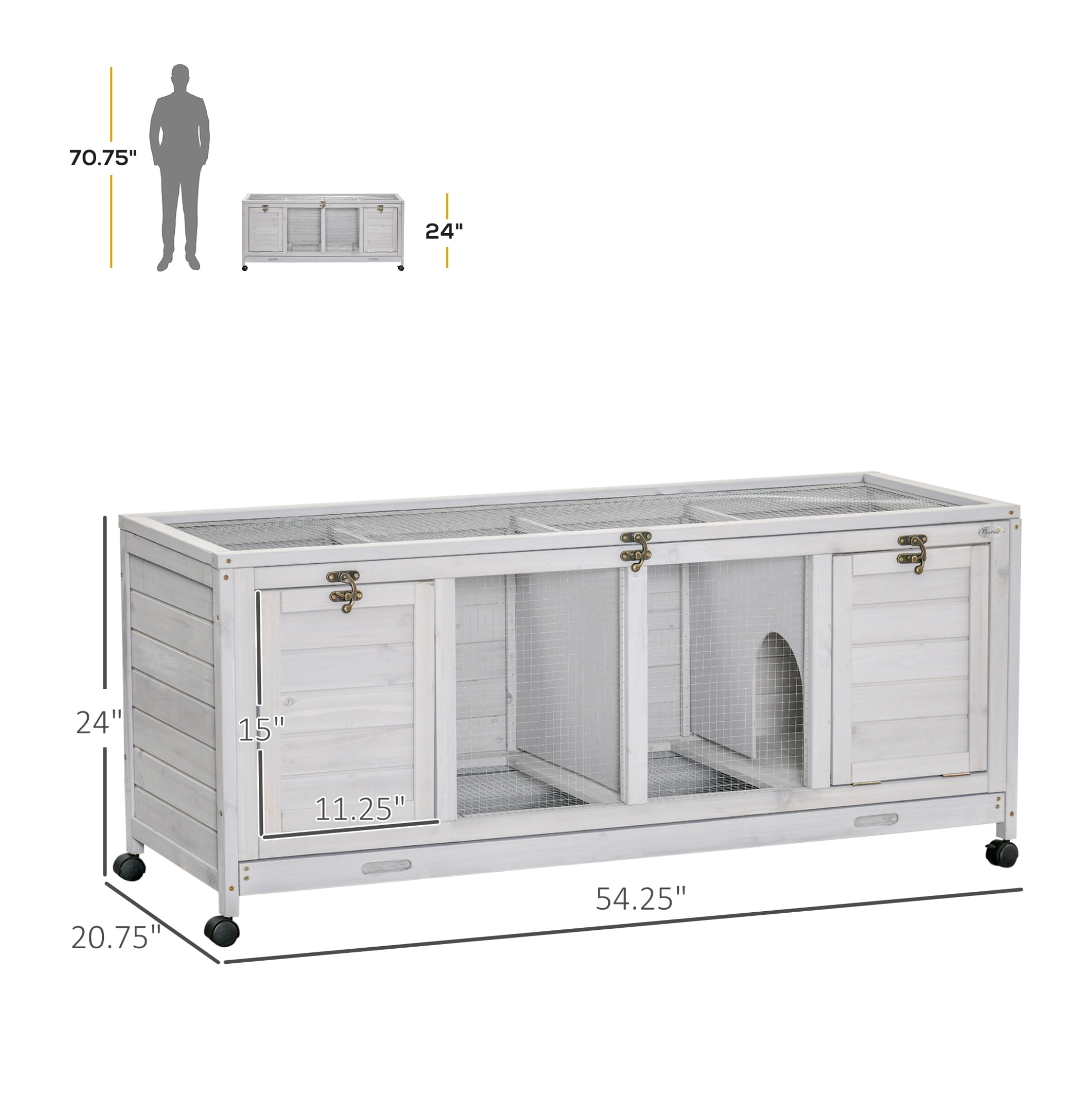 Wooden Rabbit Hutch with Wheels, Bunny Cage - 2 Story Indoor Outdoor Small Animal Habitat for 1-2 Rabbits - Light Gray