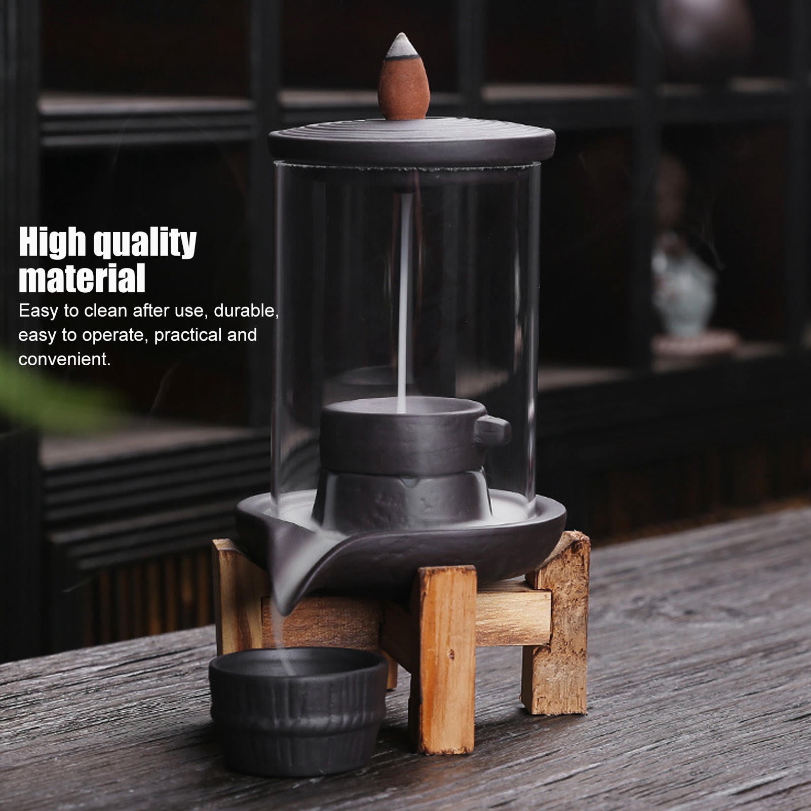 BIMZUC Buddhist Cone Backflow Incense Burner Ceramic Smoke Waterfall Holder For Living Room Decor Feng Shui Decoration, Black, 6.9 inches / 17.5 cm