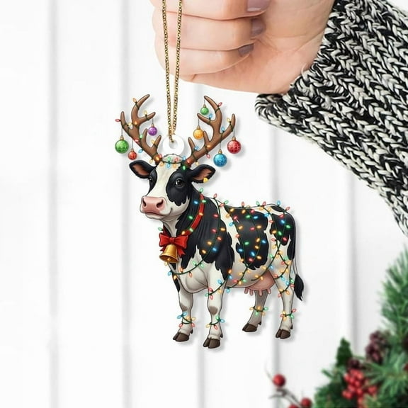 ViciArt Cow Christmas Ornament, Farm Animal with Antlers & Holiday Lights, Acrylic/Fiber Wood
