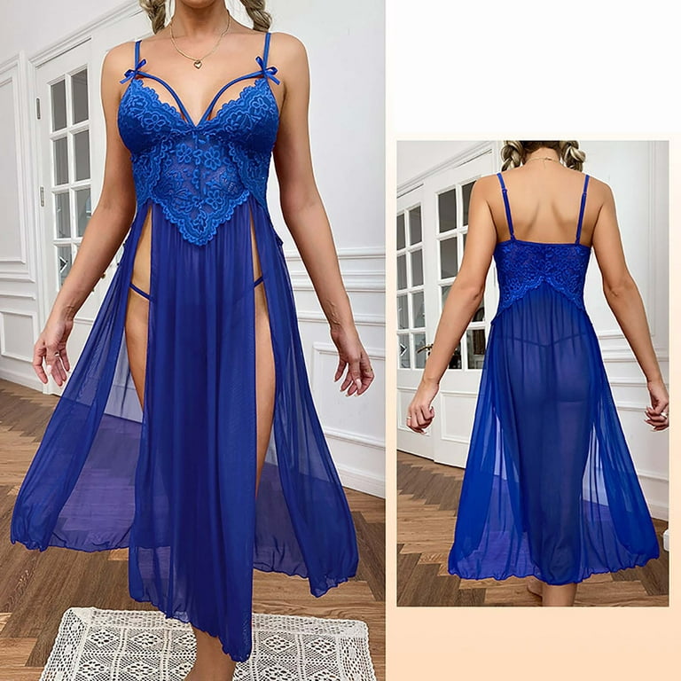 Nightdress For Women Sexy Deep V Lace Nightgown Side Slit Sling Dress  Sleepwear Pajamas 