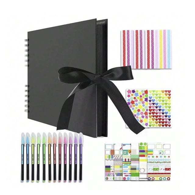 Album Fotografico de Recortes con Accesorios 40 Hojas / 80 Paginas Negras Marthing Tamaño A4 Scrapbook con accesorios, plumones metálicos y pegatinas decorativas para recuerdos y manualidades