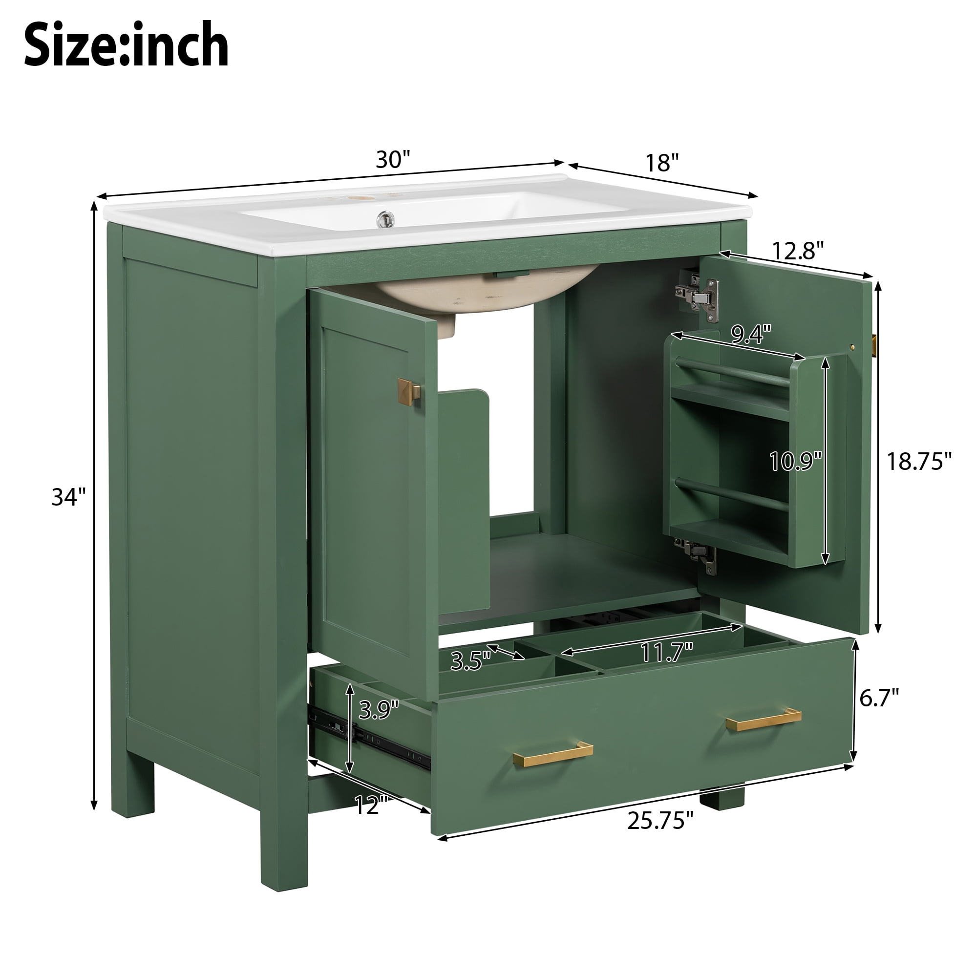 Euroco 30 Inch Green Bathroom Vanity with Single Sink, Combination Under Counter Sink, Bathroom Storage Cabinet with 2 Doors and a Drawer, Soft Closure, Multifunctional Storage