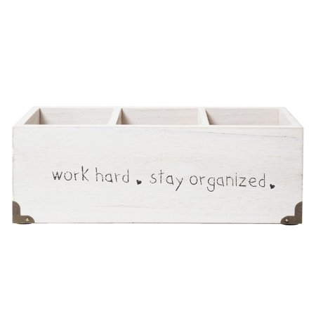 UPC: 0098811234622 | American Art Decor Addie Joy Work Hard Stay Organized Rectangle 3-Opening Wood Desk Organizer – White Wash