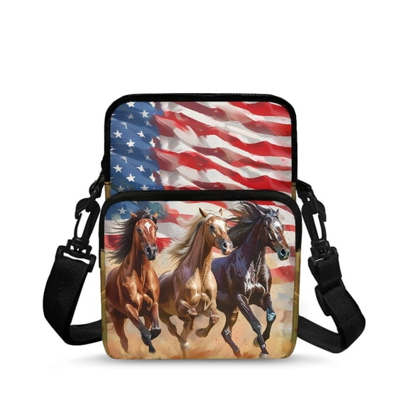 POLERO Crossbody Purse US Flag Running Horses Portable Crossbody Bag for Travel, Polyester Lightweight Satchel Bags