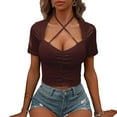 thumbnail image 1 of Top de manga corta para mujer, Top cruzado con cuello Halter fruncido en la parte delantera, Color puro, ajustado, camiseta para mujer, Top para fiesta, compras, viajes, 1 of 6