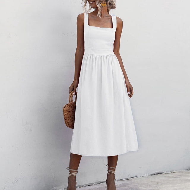 Vestido a media pierna de una línea para mujer Ropa de playa de verano de color sólido simple y chic Ygjytge M blanco para Mujer