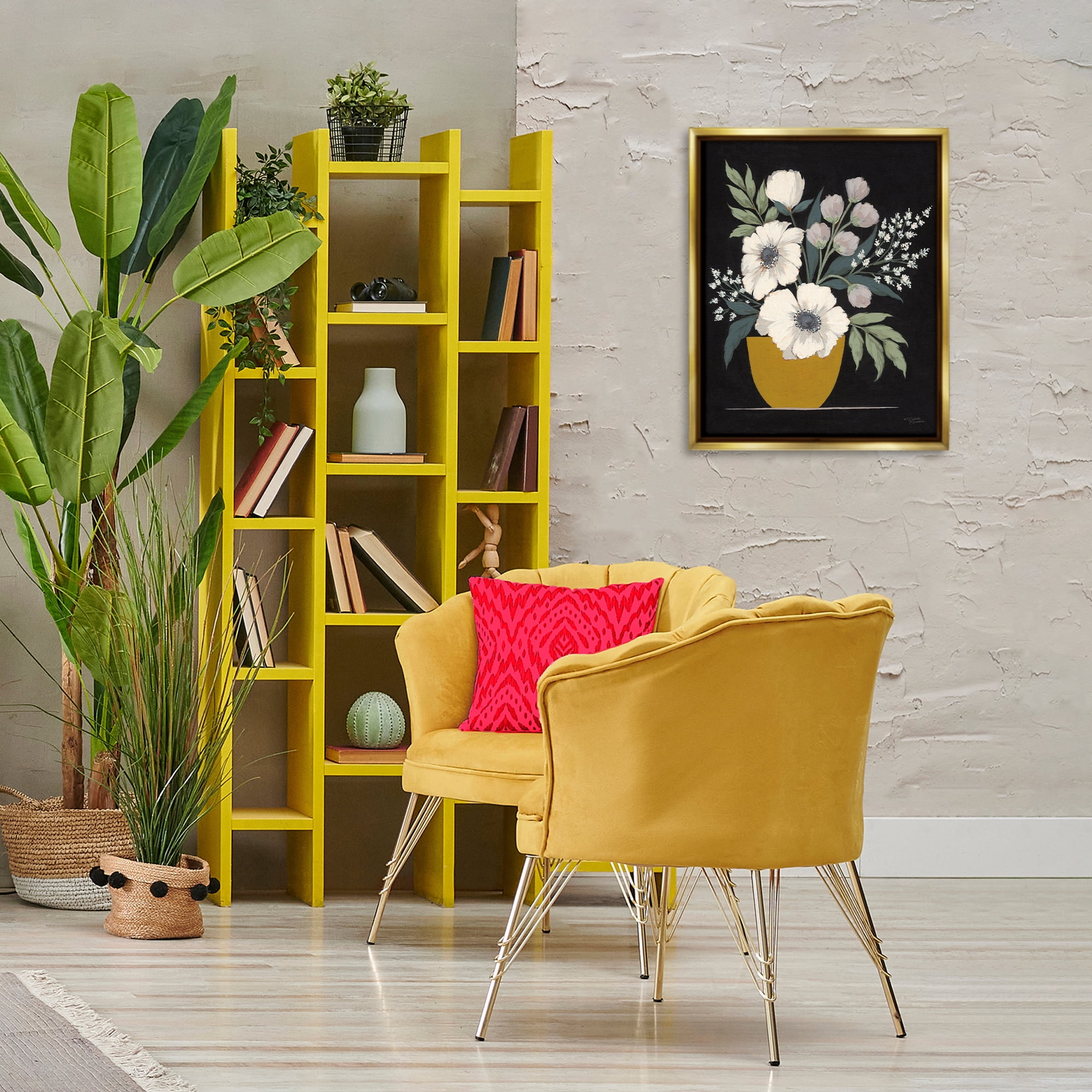Stupell Industries Potted Flower Bouquet Botanical & Floral Painting Gold Floater Framed Art Print Wall Art, 17 x 21