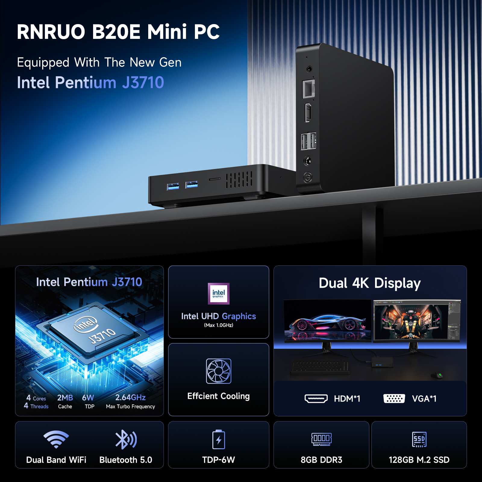 RNRUO Mini PC, 16GB RAM 256GB M.2 SSD, Intel 6500Y with 2 Cores, WiFi 6 BT5.0 Dual 4K Display VESA Windows 11 Desktop Mini Computer for Laptop, Monitor