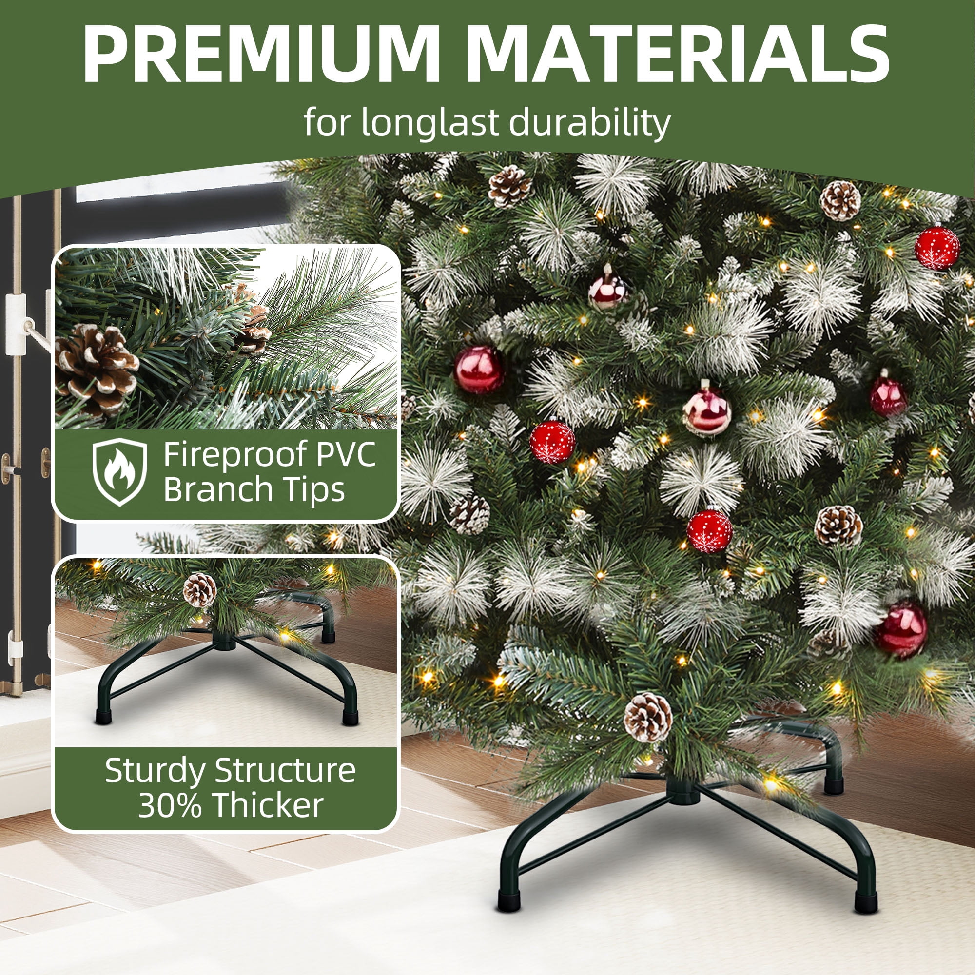Uforic 7.5ft Pre-lit  Artificial Christmas Tree with 1399 Branch Tips & 750 Lights, Pre-Decorated Scotch Pine Christmas Tree with Remote, 11 Light Modes, 77 Pine Cones, Green
