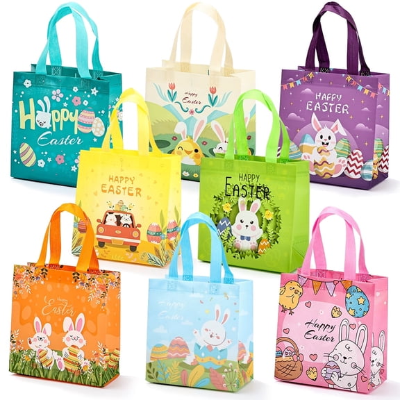 CHENGDAO 8pcs Easter Themed Reusable Non-Woven Gift Bags with Handles - Easter Treats, and Egg Hunts