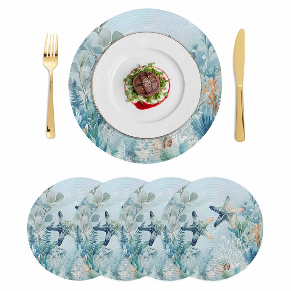 Coastal Starfish Round 15 Inch Placemats Set of 4, Nautical Ocean Creature Eucalyptus Leaf HeatResistant Non Slip Place Mats for Dining Table, Wipeable Braided Kitchen Table Mats for Housewarming