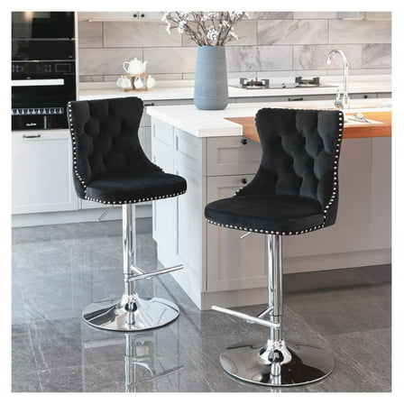 Velvet Barstools Set of 2, Swivel Adjustable Height Bar Stools with Back, Modern Upholstered Chrome Base Pub Stools for Kitchen Island, Home, Black