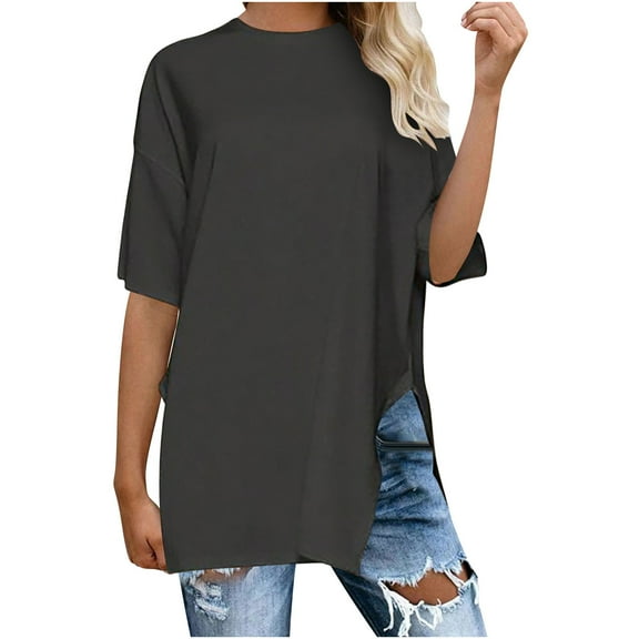 Plus Size Blouse for Women Sawvnm Women's Casual Loose Solid Color Hem With A Split Short Sleeved Round Neck Top/shirt for Women Black XL