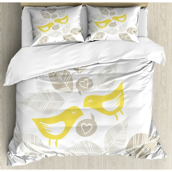Bird Duvet Cover Set, Abstract Modern Art Deco Design Inspired Birds and Leaves Illustration, Decorative 3 Piece Bedding Set with 2 Pillow Shams, Queen Size, Warm Taupe Yellow White, by Ambesonne