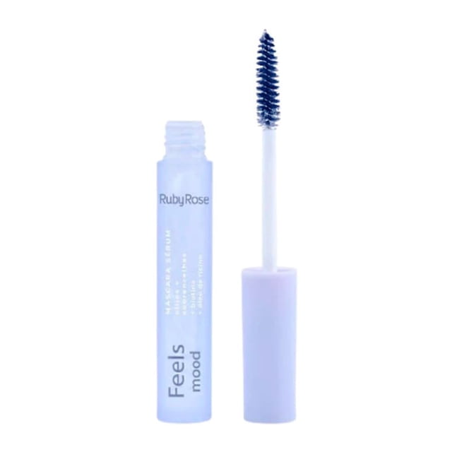 ruby rose feels mood serum mascarilla para pestañas y cejas 3.8ml tubo lila traslúcido abierto con aplicador y cepillo de cerdas visibles; vista frontal, envase con texto 'Feels mood', cepillo cargado y gel incoloro, diseñado para alinear e hidratar hebras y definir pestañas y cejas.