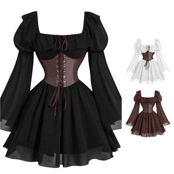 XIAOCHA Womens Dark Gothic Corset Theme Mini Gown Square Neck Flare Bell Sleeve Chiffon Layer Festival Party Long Dress