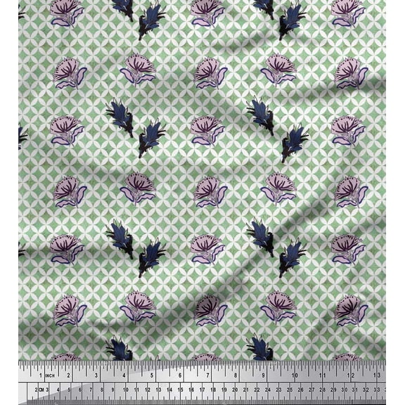 Soimoi Cotton Cambric Fabric Curve Diamond,Leaves & Floral Artistic Print Fabric by the Yard 56 Inch Wide