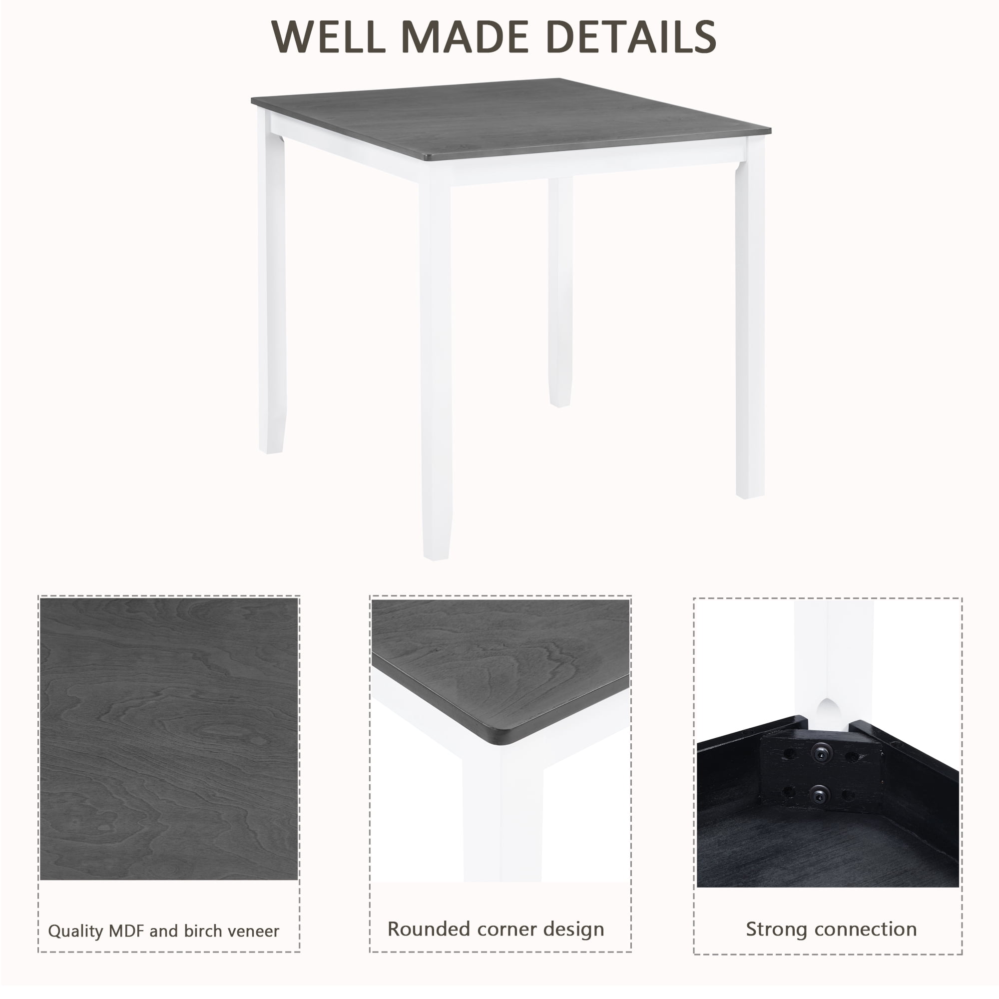 BSHTI 5-Piece Counter Height Dining Table Set – 34.5" Kitchen Square Table with 4 Chairs, X-Back Design, Linen Upholstery 4 Chair Dining Table Set, Solid Wood Frame（Grey+White）
