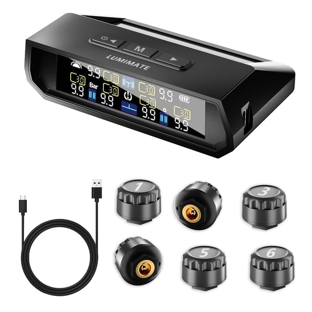 RV Tire Pressure Monitoring System -TPMS 2025 Upgrade Tire Pressure Monitor with 6 Sensors,Solar Charge & Color LCD Display, 0-9.9BAR/144PSI Range, 6 Alarm Modes for RV/Traile