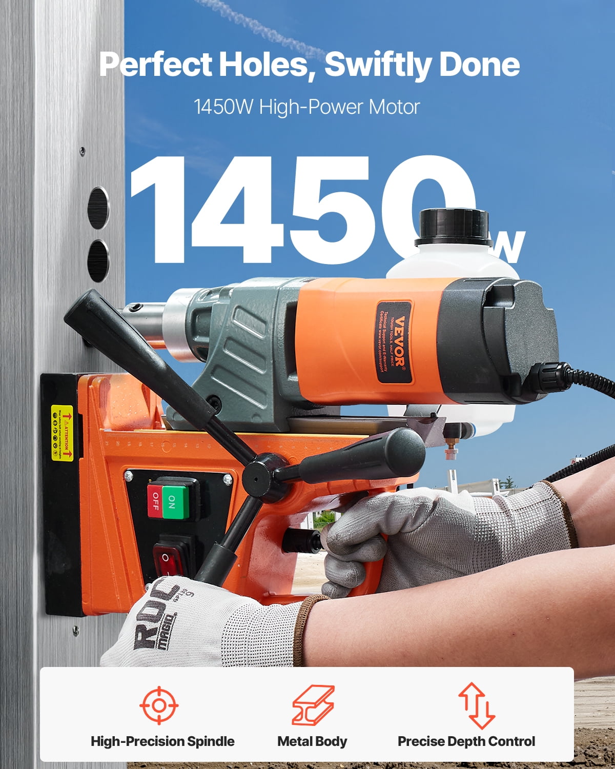 VEVOR Magnetic Drill,1450W Motor 1.6 in Boring Diameter, 2810 lbf Portable Electric Mag Drill Press, with 11 Coring Bits, 850 RPM Speed, Drilling Machine for Metal Surface, Home Improvement Industry