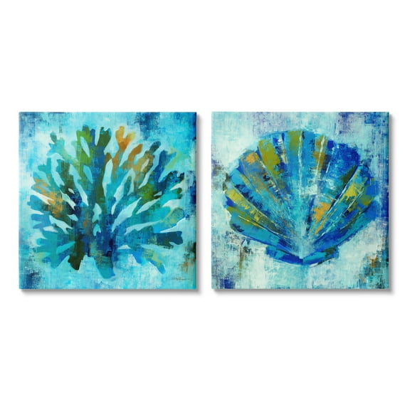 Stupell Industries Blue Sea Life Abstraction Animals & Insects Painting Gallery Wrapped Canvas Print Wall Art, 17 x 17, Set of 2