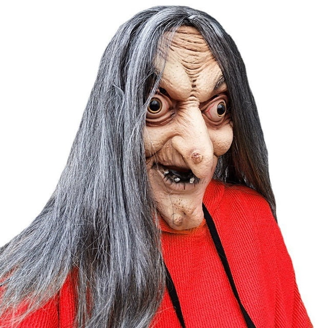 Máscara de bruja de resina verde aterradora con pelo gris para Halloween y cosplay
