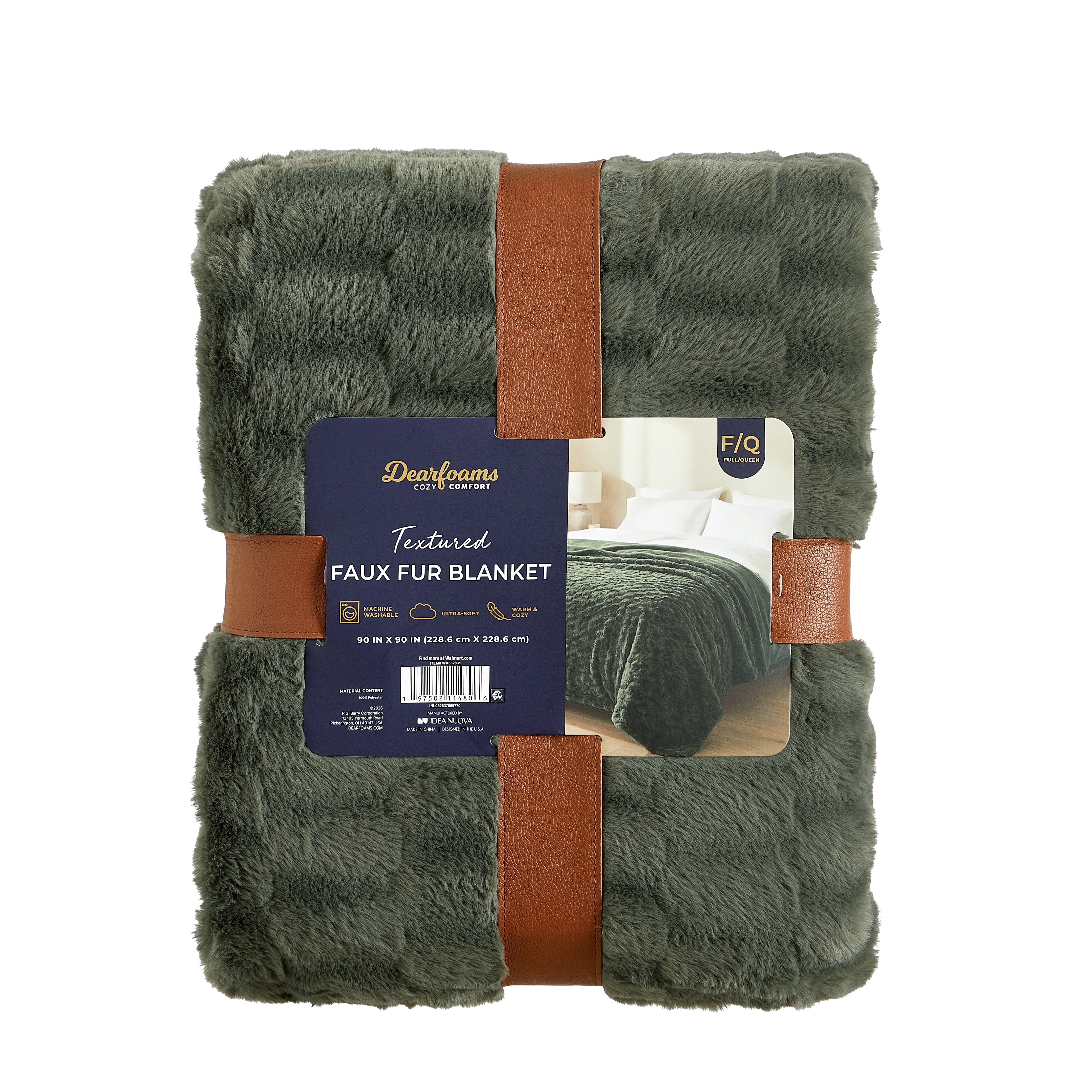 Dearfoams Textured Faux Fur Reversible Mink Bed Blanket, Green, Full/Queen, 90 x 90 in