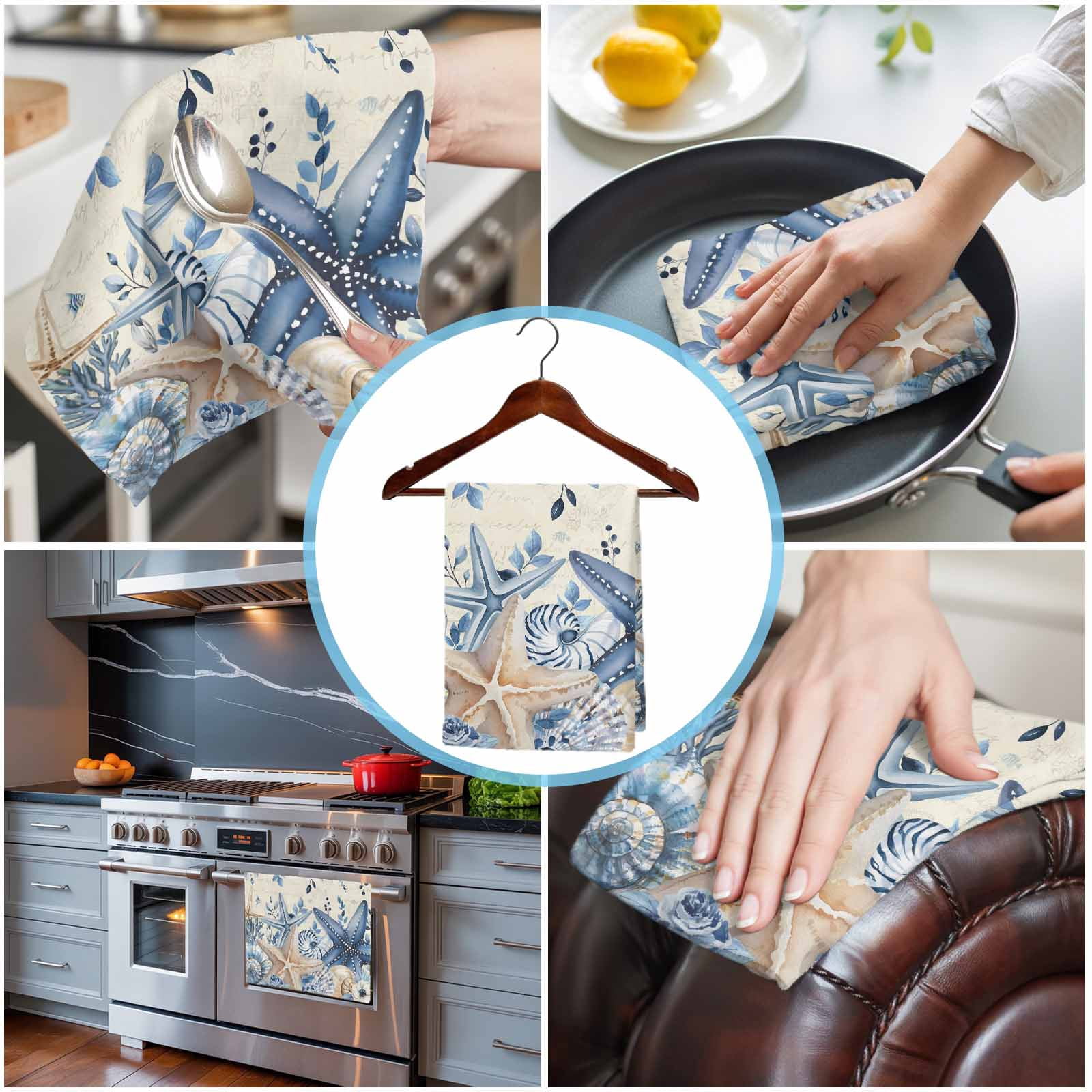 Blue Starfish Coastal 1 Pack Kitchen Towel, Water Absorbent Dish Towel, Eucalyptus Summer Nautical Shell Retro Decorative Hand Towels - Quick Drying Cloth for Cooking Baking, 18x28 Inch