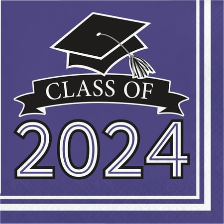 Creative Converting Class of 2024 Napkins 6.5x6.5 Inch Disposable Purple 108 Count