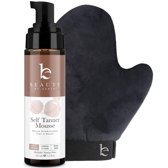 Self Tanner Tanning Mousse Kit - USA Made with Natural & Organic Ingredients, Sunless Self Tanner Mousse and Tanning Glove Mitt Set, Fake Tan Foam, Autobronzant