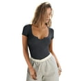 thumbnail image 3 of Women'S Short Sleeve T-Shirts Form Fitting Ribbed Knit V Scoop Neck Basic Crop Top Dark Gray M, 3 of 9