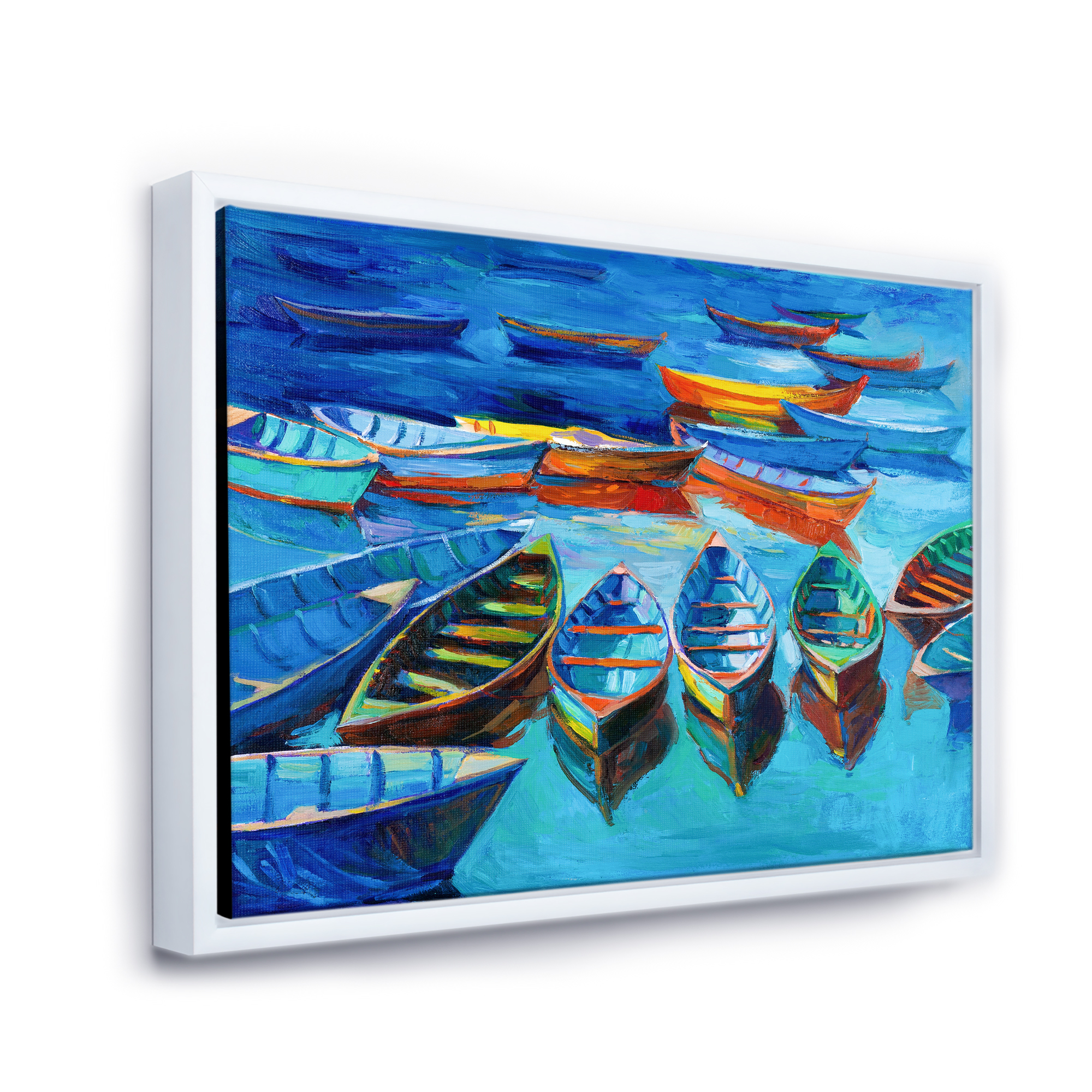 Designart 'Little Boats Wating In The Blue Harbour' Nautical & Coastal Framed Canvas Wall Art Print