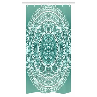 Teal Ombre Stall Shower Curtain, Mandala Pattern Boho Style Floral Dots and Stripes with Petals Ethnic Print, Fabric Bathroom Set with Hooks, 36W X 72L Inches Long, Teal and White, by Ambesonne