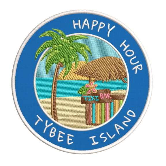 Happy Hour! Tybee Island, Georgia 3.5 Inch Iron Or Sew On Embroidered Fabric Badge Patch Ocean Beach, Salt Life Iconic Series