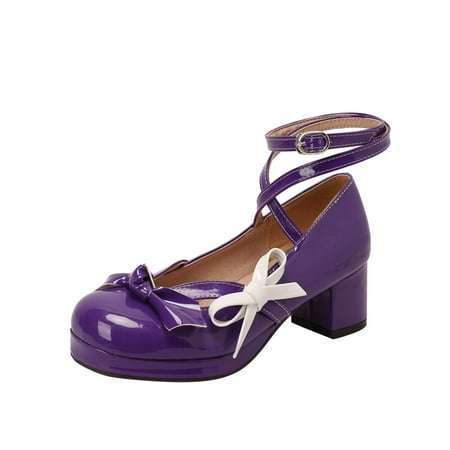 

Fsqjgq Tan Shoes Women Ladies Fashion Solid Color Bright Leather Bow Decorative Buckle Thick High Heeled Leather Shoes Dress Shoes for Women Heels Purple 42