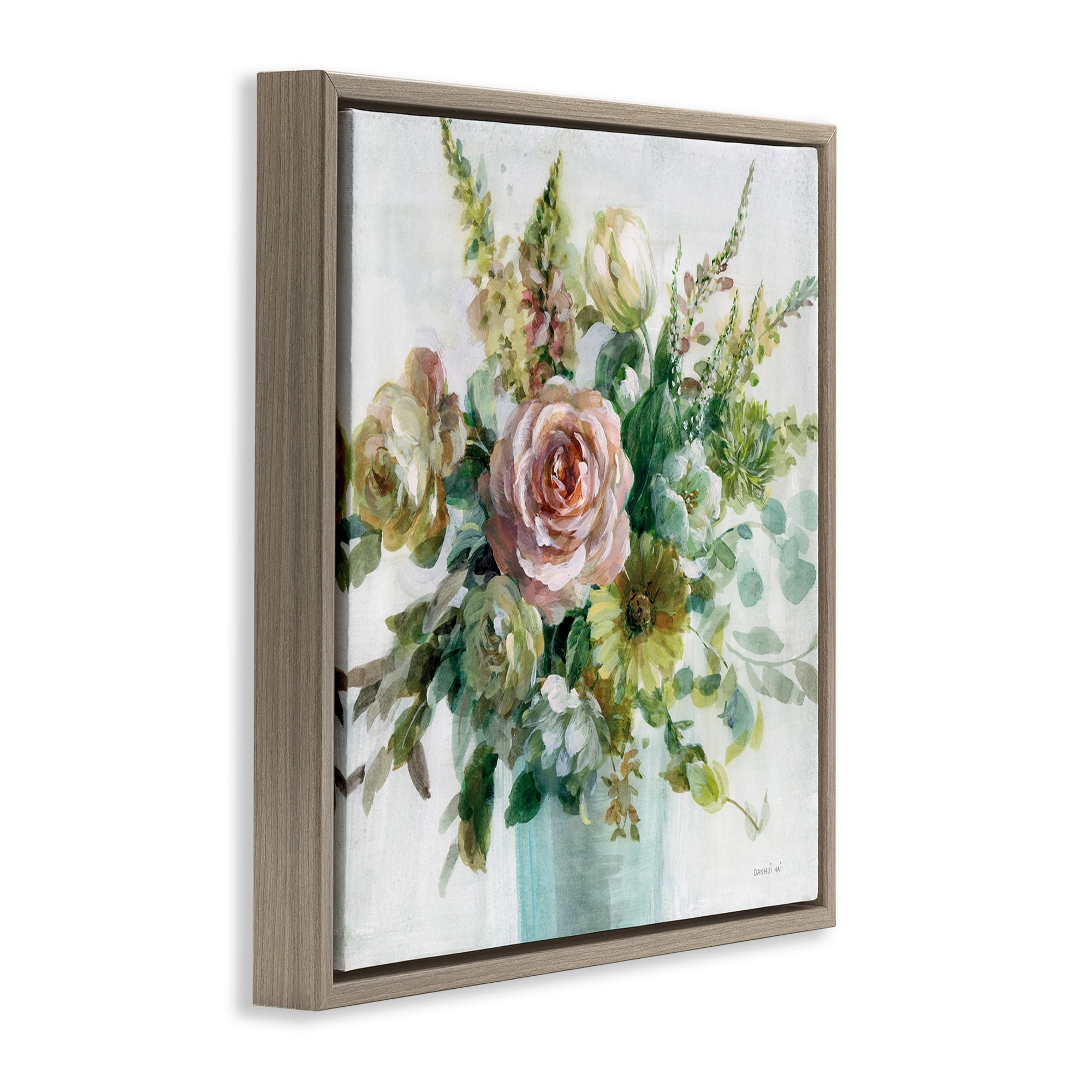 Stupell Industries Sage & Peach Flowers Botanical & Floral Painting Brown Floater Framed Art Print Wall Art, 25 x 25