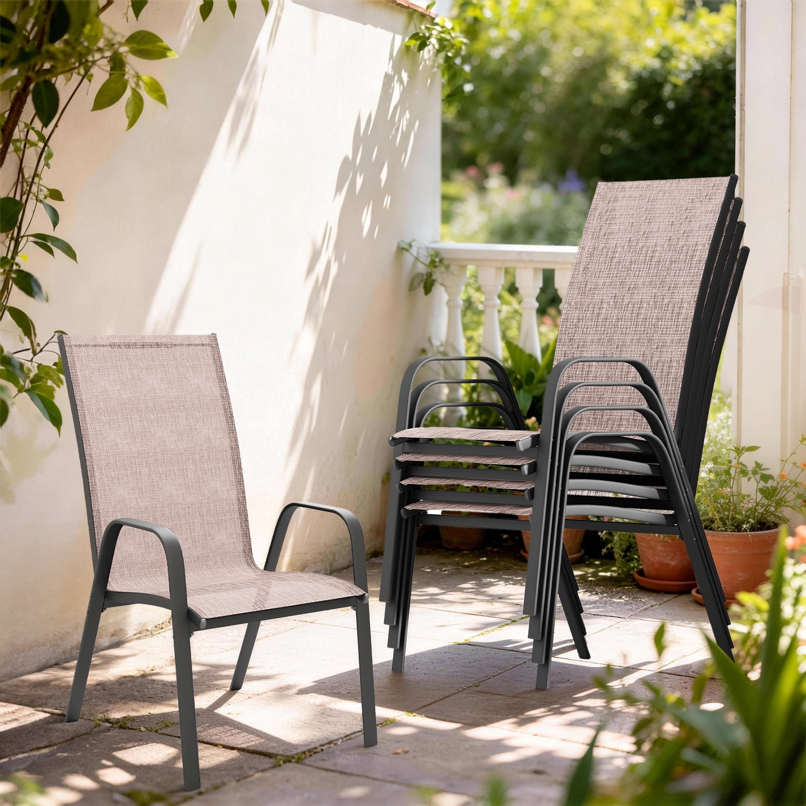 FUNDAZE Outdoor Dining Chairs Set of 2, Patio Dining Chair Stackable Armrest Patio Chairs Space Saving for Garden Backyard Deck, Brown