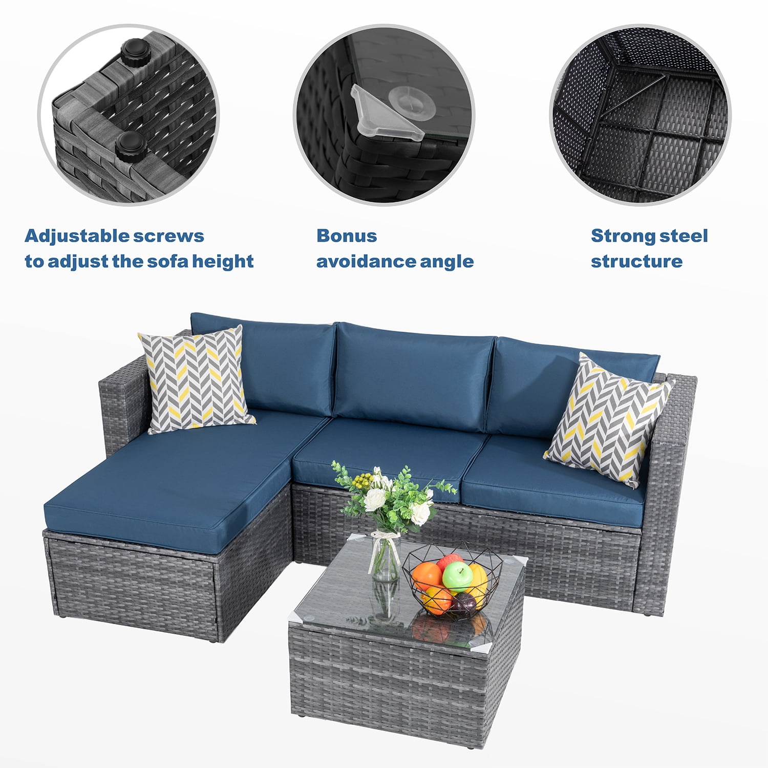 Walsunny 3 Piece Aegean Blue Outdoor Furniture Sectional Sofa Patio Set Silver Gray Rattan Wicker