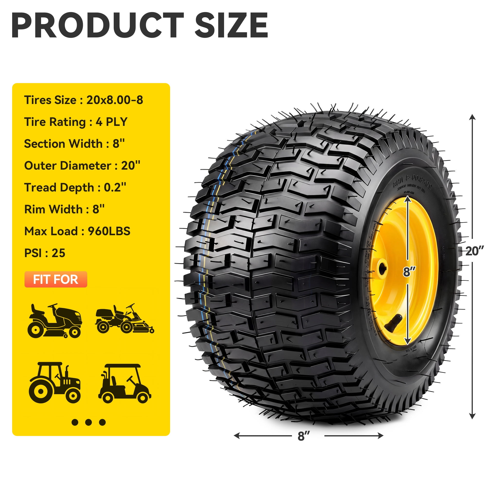 Uforic Set of 2 20x8.00-8 Lawn Mower Tire & Wheel Assembly, Heavy Duty 4 Ply Tubeless Front Replacement Tires, 3/4" Bore Hole 3/16" Keyway, 960 LBS Max Load for Riding Lawn Tractors & Garden Vehicles