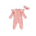 thumbnail image 1 of Xingqing Newborn Baby Girl Fall Clothes Solid Color Ribbed Long Sleeve Zip-Up Footed Romper + Headband Set, 1 of 7