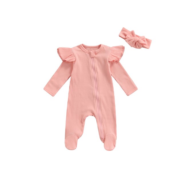 Xingqing Newborn Baby Girl Fall Clothes Solid Color Ribbed Long Sleeve Zip-Up Footed Romper + Headband Set