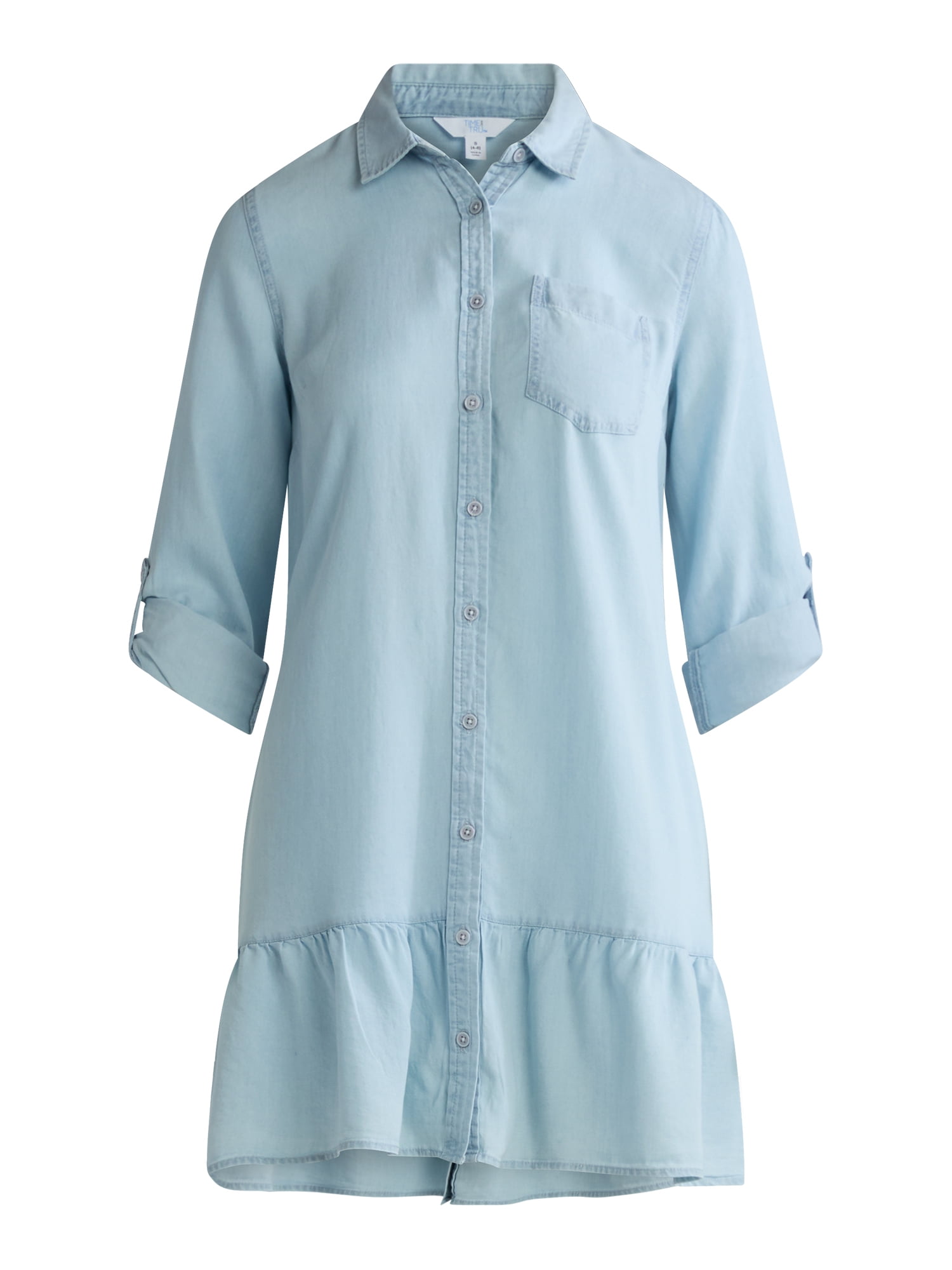 Time and Tru Women's and Women’s Plus Tiered Mini Shirtdress with Long Sleeves, Sizes XS-3XL