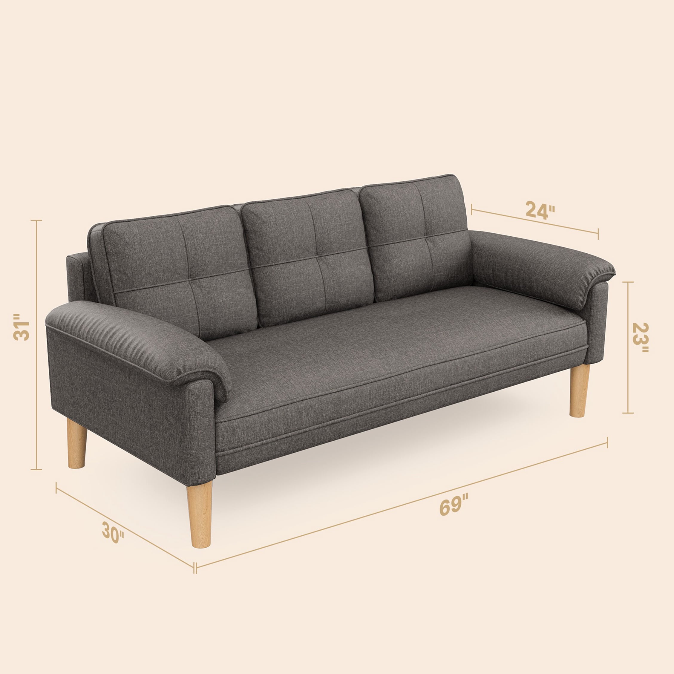 68" Modern Sofa with Side Storage Pockets & 4" Thick Comfort Cushions for Living Room, Dark Gray