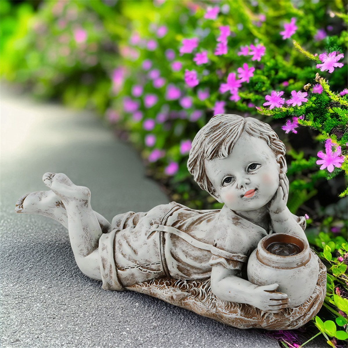 Kid with Solar Lights Garden Decoration Outdoor Statue Resin Jar Boy Flowerbed Yard Sculpture Decor