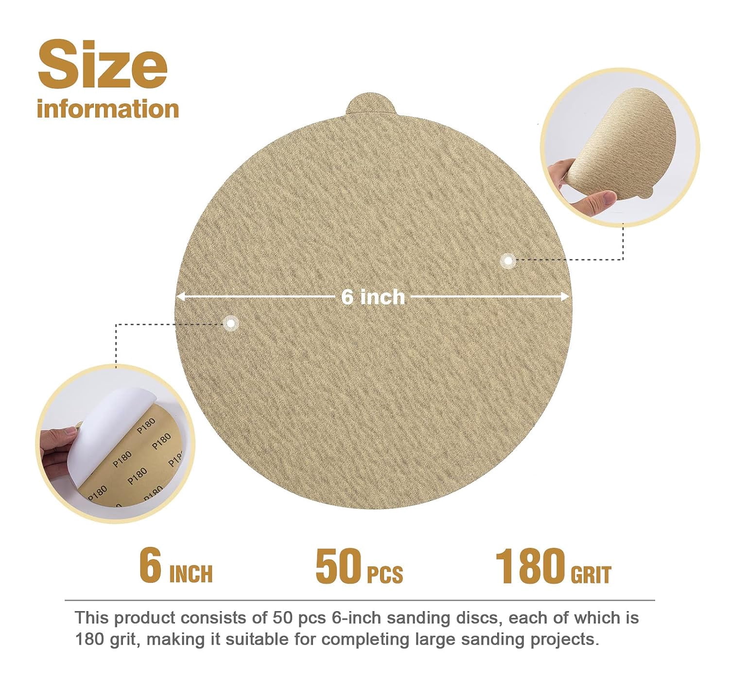 S SATC PSA Sanding Disc 50 Pack 6 Inch 180 Grit Self-Adhesive Sandpaper for Random Orbital Sanders, Premium Aluminum Oxide Sandpaper Discs for Woodworking, Metalworking, and Automotive Applications