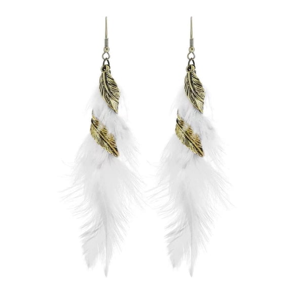 Zhuge Women's Handmade Natural Feather Dangle Drop Earrings, Boho Vintage Long Tassel Jewelry for Gifting, White