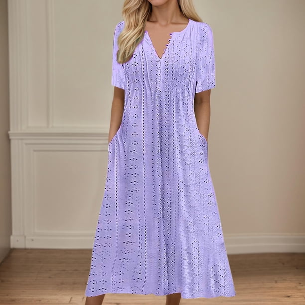 WILLBEST Vestidos De Verano Para Mujer Vestido Largo De Verano Vestido De Mujer Manga Corta Playa Cuello En V Con Botones Vestido Casual Con Bolsillos Vestidos Bohemios Vestidos Largos Elegantes
