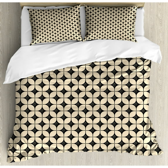 Boho Duvet Cover Set Queen Size, Repetitive Vintage Composition of Round and Intricate Squares, Decorative 3 Piece Bedding Set with 2 Pillow Shams, Beige and Charcoal Grey, by Ambesonne